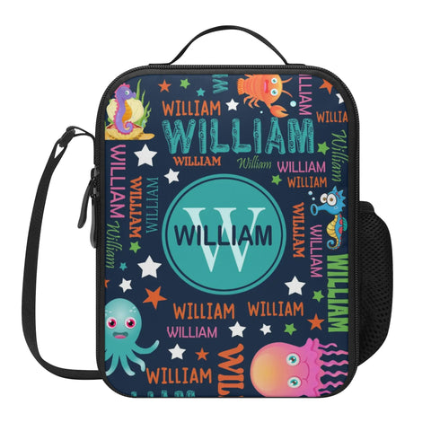 Image of Personalized Kids Backpack and Lunch Box Set, Custom Name Colorful Lettering Sea Animal Backpack With Vertical Lunch Box Matching Set