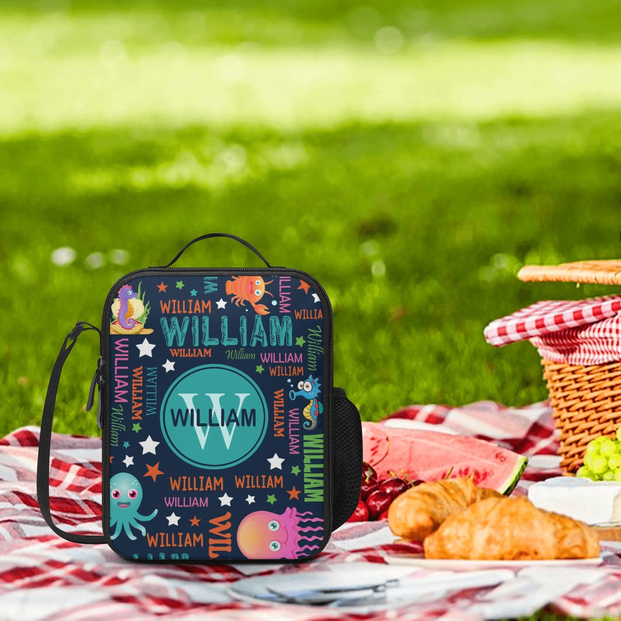 Personalized Kids Backpack and Lunch Box Set, Custom Name Colorful Lettering Sea Animal Backpack With Vertical Lunch Box Matching Set