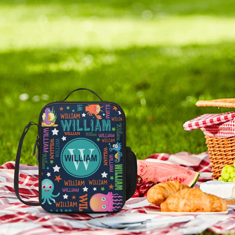 Image of Personalized Kids Backpack and Lunch Box Set, Custom Name Colorful Lettering Sea Animal Backpack With Vertical Lunch Box Matching Set