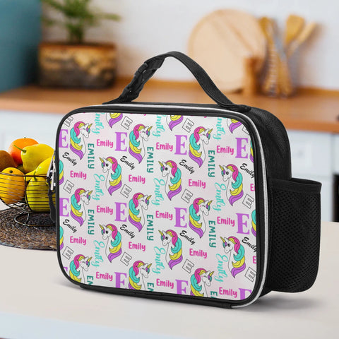 Image of Personalized Kids Backpack and Lunch Box Set, Custom Unicorn Girls Pattern Backpack With Lunch Box, School Backpacks Matching Combo