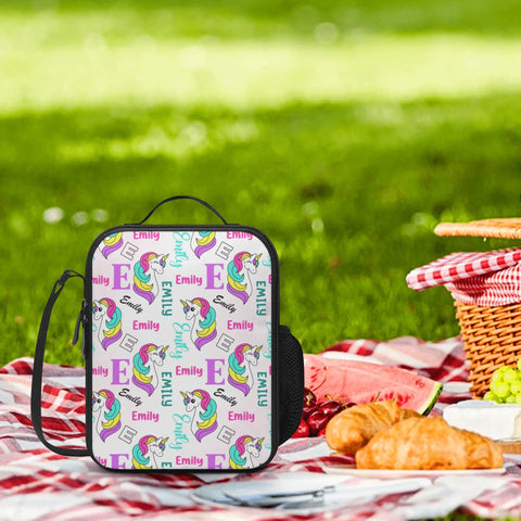 Image of Personalized Kids Backpack and Lunch Box Set, Custom Unicorn Girls Pattern Backpack With Vertical Lunch Box, School Backpacks Matching