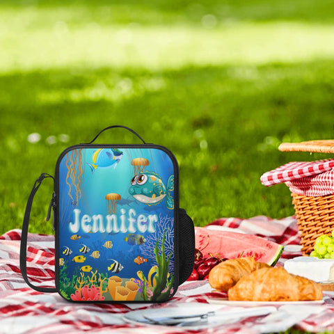 Image of Personalized Kids Backpack and Lunch Box Set, Custom Name Sea Animals Backpack With Vertical Lunch Box, School Backpacks Matching Combo