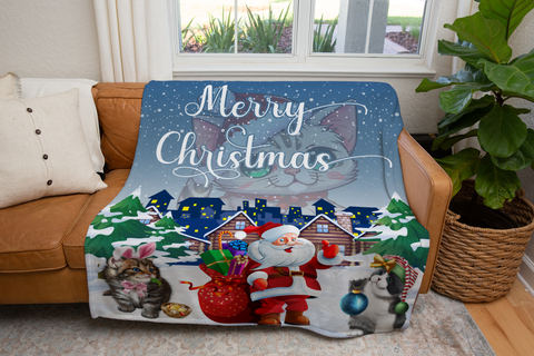 Image of USA Printed Custom Blanket, Merry Christmas Blanket, Cats Santa Print Blanket, Minky Blanket, Sherpa Blanket, Fleece Blanket, Christmas Gift