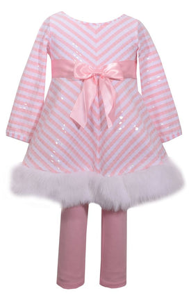 Bonnie Jean Girls Christmas Pink Sequined Striped Dress Leggings
