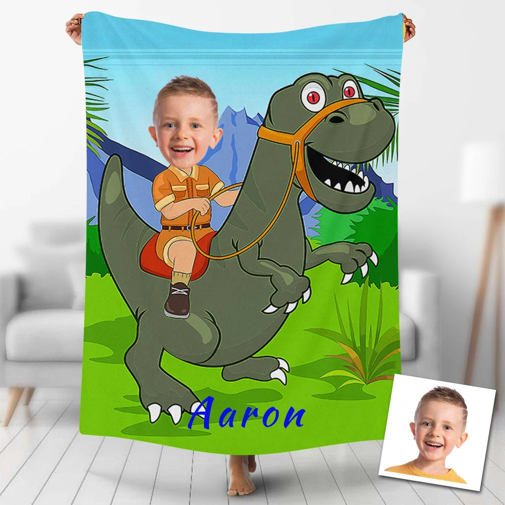 Personalized Dinosaur Baby Custom Photo Blanket, Boy Ride A Dinosaur Blanket, Boy Dinosaur Blanket, Dinosaur Blanket For Baby