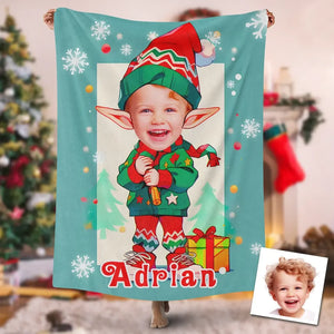USA Printed Custom Blanket, Christmas Elf Boy Blanket, Personalized Blanket, Christmas Elf Custom Photo Blanket, Boy Blanket, Christmas Baby Blanket, Custom Name And Photo Blanket, Elf Boy Blanket, Baby Shower Gift Sherpa Blanket, Fleece Blanket