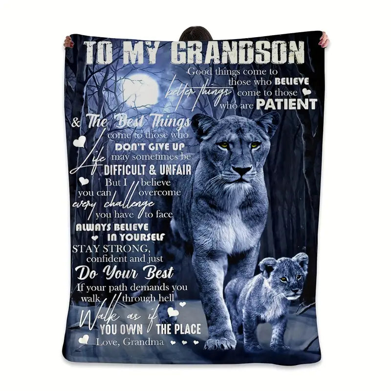 Personalized Grandson Blanket, Custom Old Lion And Baby Blanket, To My Grandson Blanket, Message Blanket, Grandson Lion Blanket, Lion Blanket