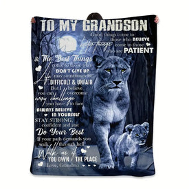 Personalized Grandson Blanket, Custom Old Lion And Baby Blanket, To My Grandson Blanket, Message Blanket, Grandson Lion Blanket, Lion Blanket
