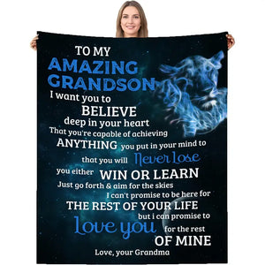Personalized Lion Blanket, Custom Lion Grandson Blanket, To My Grandson Lion Blanket, Message Blanket, Lion Blanket For Grandson, Baby Shower Gift