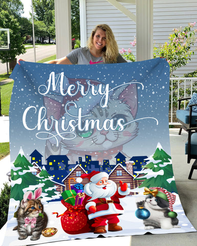 Image of Personalized Merry Christmas Blanket, Cats Santa Print Blanket, Minky Blanket, Sherpa Blanket, Fleece Blanket, Christmas Gift