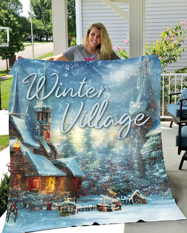 Image of USA Printed Custom Blanket, Winter Village Blanket, Personalized Blanket, Christmas Blanket, Sherpa Blanket, Fleece Blanket, Christmas Gift