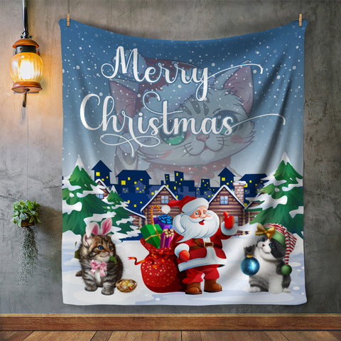Image of Personalized Merry Christmas Blanket, Cats Santa Print Blanket, Minky Blanket, Sherpa Blanket, Fleece Blanket, Christmas Gift