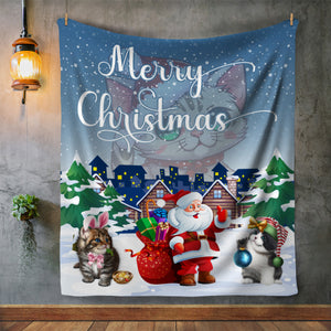 USA Printed Custom Blanket, Merry Christmas Blanket, Cats Santa Print Blanket, Minky Blanket, Sherpa Blanket, Fleece Blanket, Christmas Gift