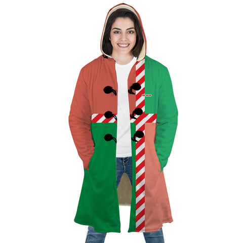 Image of Personalized Hooded Cloak Coat, Christmas Red and Green Candy Cane Color Block Hooded Cloak Coats