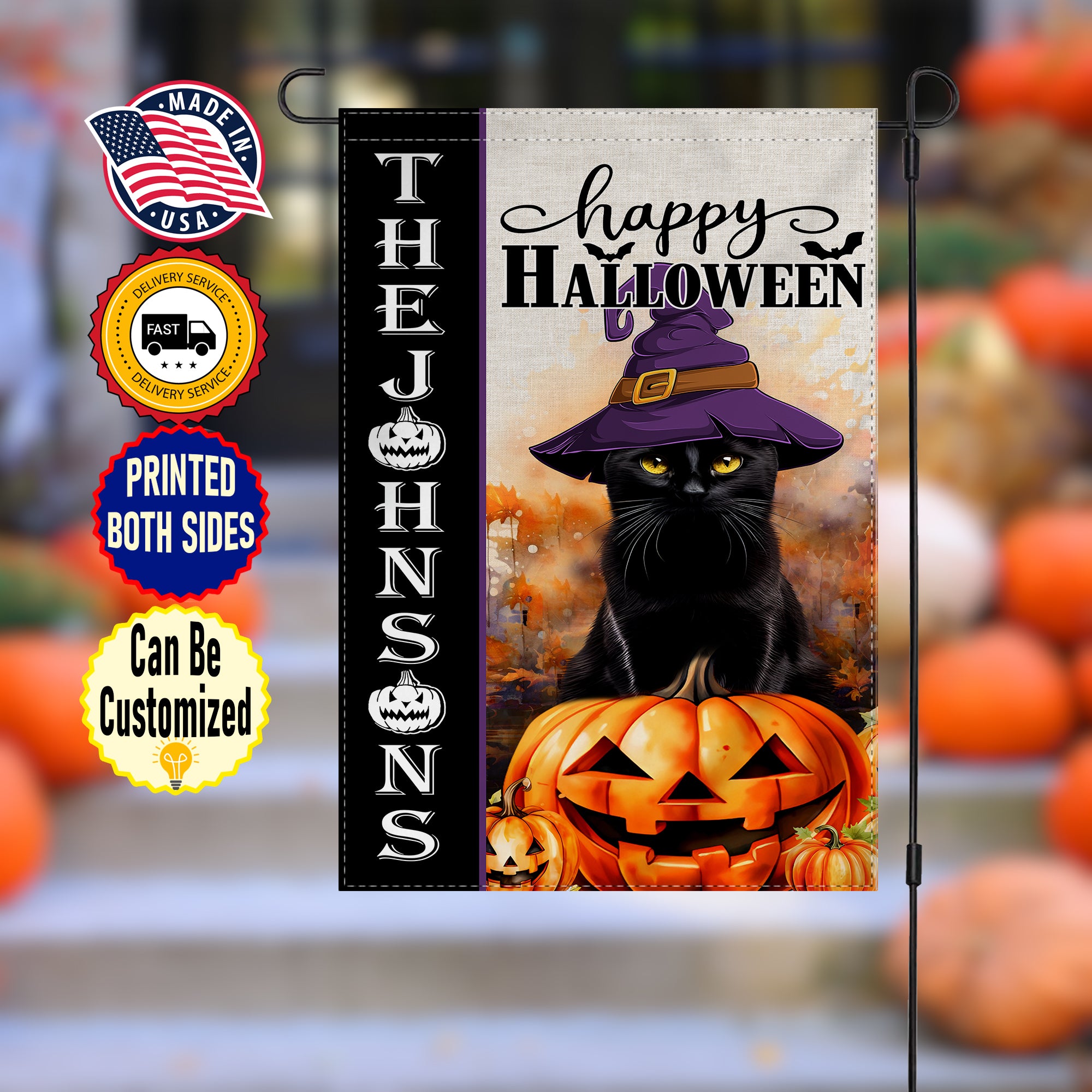 Personalized Pet Halloween Flag, Custom Double Side Dog Cat Halloween Witch Hat Flag, Family Garden Flag, House Flag, Halloween Gift
