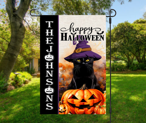 Image of Personalized Pet Halloween Flag, Custom Double Side Dog Cat Halloween Witch Hat Flag, Family Garden Flag, House Flag, Halloween Gift