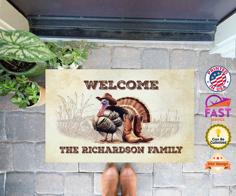 Welcome Thanksgiving Turkey Cowboy Custom Name Doormat | Personalized Family Doormat, Floormat, Kitchenmat Home Decor