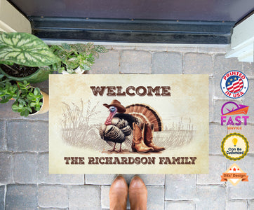 Welcome Thanksgiving Turkey Cowboy Custom Name Doormat | Personalized Family Doormat, Floormat, Kitchenmat Home Decor