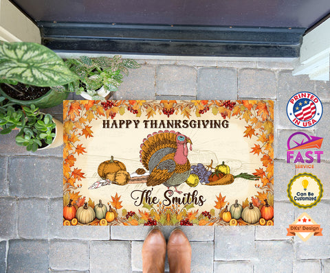 USA MADE Custom Thanksgiving Doormat | Happy Thanksgiving Turkey Custom Name Doormat | Personalized Turkey Doormat, Thanksgiving Floormat, Kitchenmat Home Decor