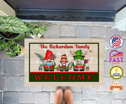 USA MADE Custom Christmas Doormat | Holiday Gnome Welcome Custom Name Doormat | Personalized Gnome Doormat, Christmas Floormat, Kitchenmat Home Decor