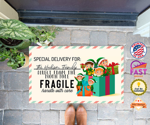 Personalized Name Christmas Doormat, Elf Special Delivery Doormat, Christmas Floor Mat, Christmas Rug