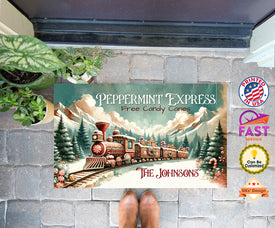 Personalized Name Christmas Doormat, Peppermint Express Train Doormat, Christmas Floor Mat, Christmas Rug