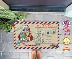 Personalized Name Christmas Doormat, Santa Envelope Custom Name Doormat, Christmas Floor Mat, Christmas Rug