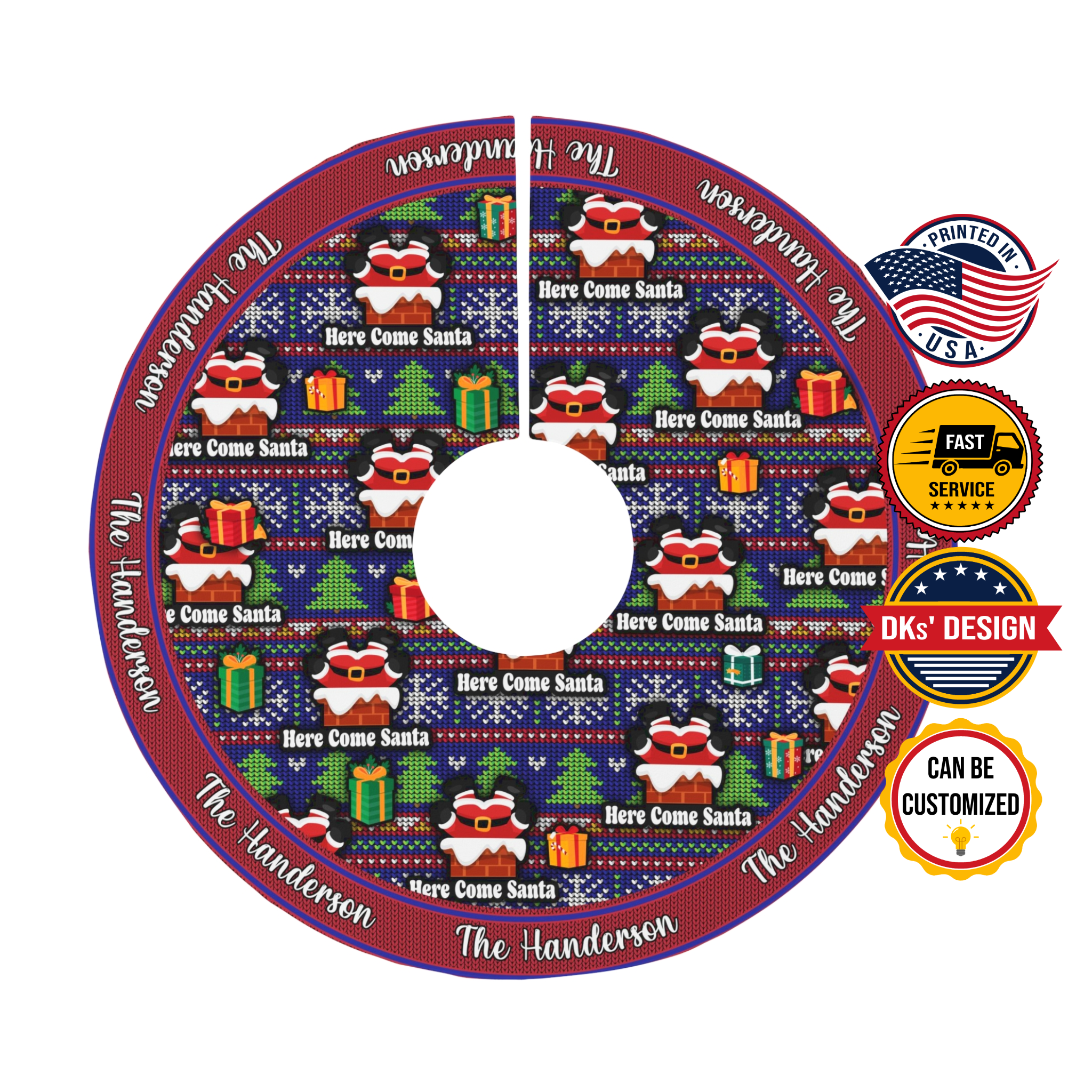 Personalized Name Christmas Tree Skirt, Here Come Santa Tree Skirt, Christmas Tree Skirt 44″× 44″, Christmas Gift