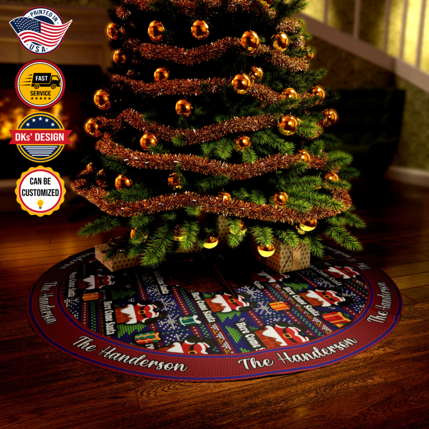 Personalized Name Christmas Tree Skirt, Here Come Santa Tree Skirt, Christmas Tree Skirt 44″× 44″, Christmas Gift