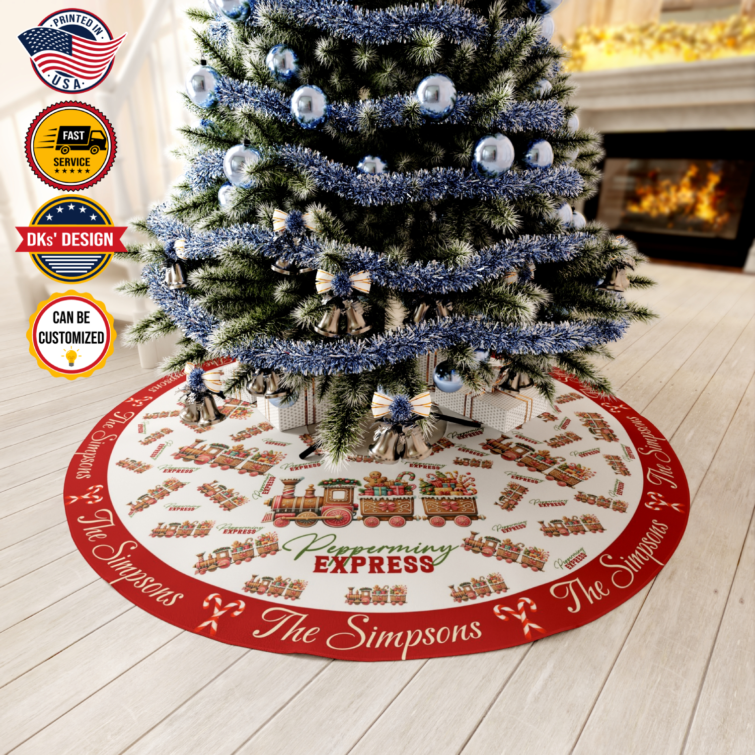 Personalized Name Christmas Tree Skirt, Peppermint Express Tree Skirt, Tree Skirt 44″× 44″, Christmas Gift