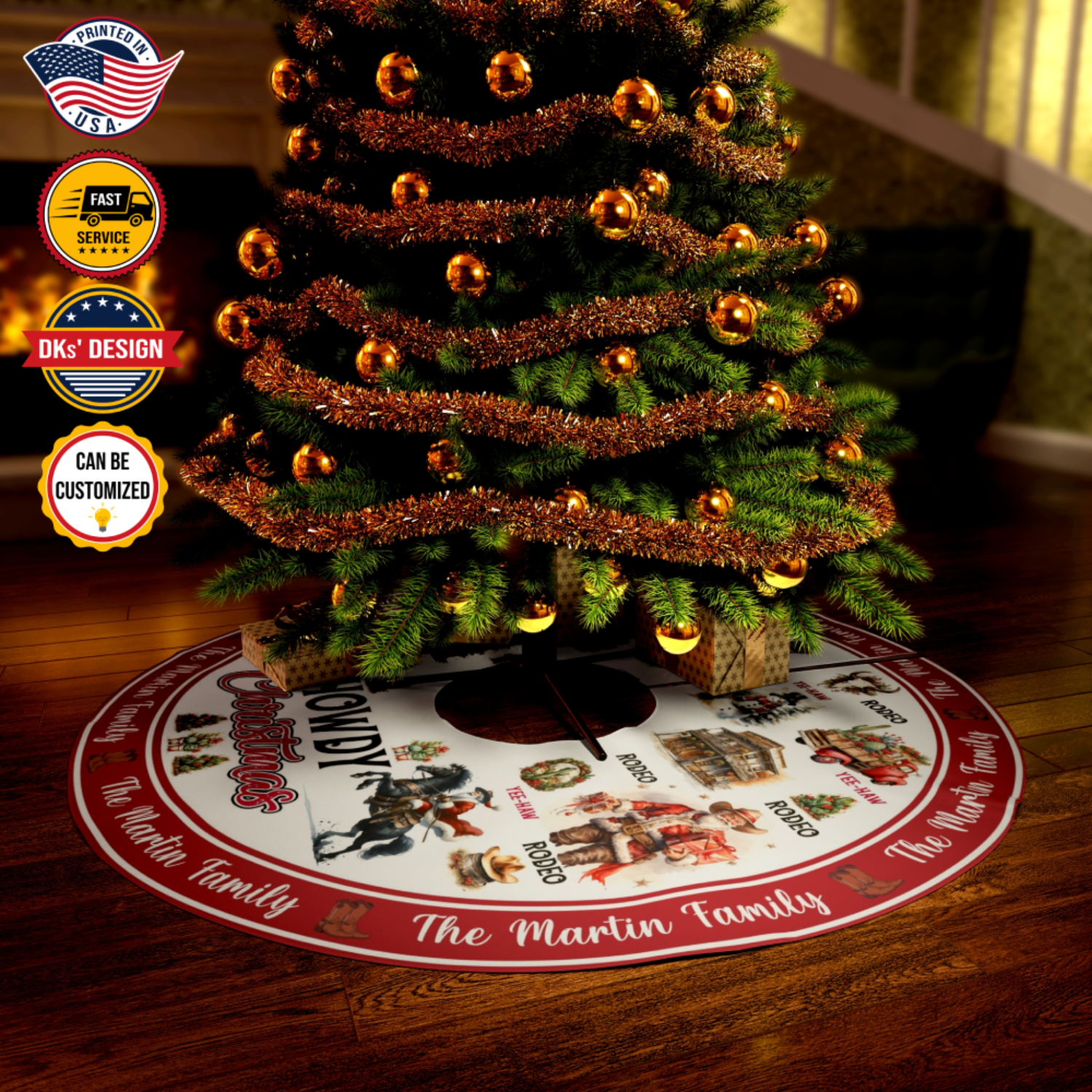 Personalized Name Christmas Tree Skirt, Christmas Cowboy Tree Skirt, Christmas Tree Skirt 44''x44'', Christmas Gift