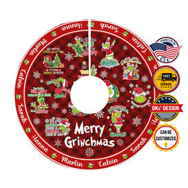 Personalized Name Christmas Tree Skirt, Merry Grinchmas Grinch Tree Skirt, 44″× 44″ Tree Skirt, Christmas Tree Decorations, Christmas Gifts
