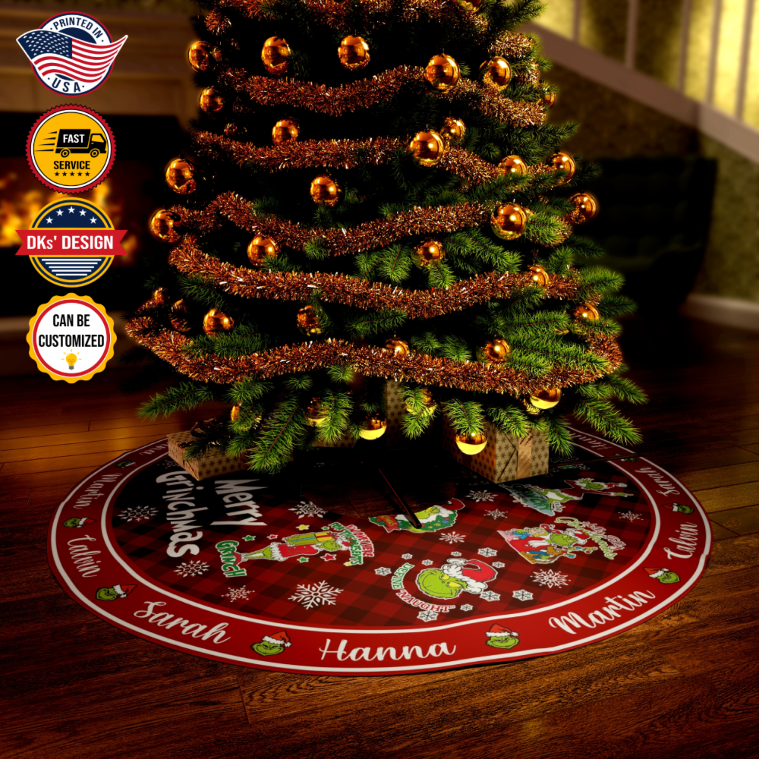 Personalized Name Christmas Tree Skirt, Merry Grinchmas Grinch Tree Skirt, 44″× 44″ Tree Skirt, Christmas Tree Decorations, Christmas Gifts