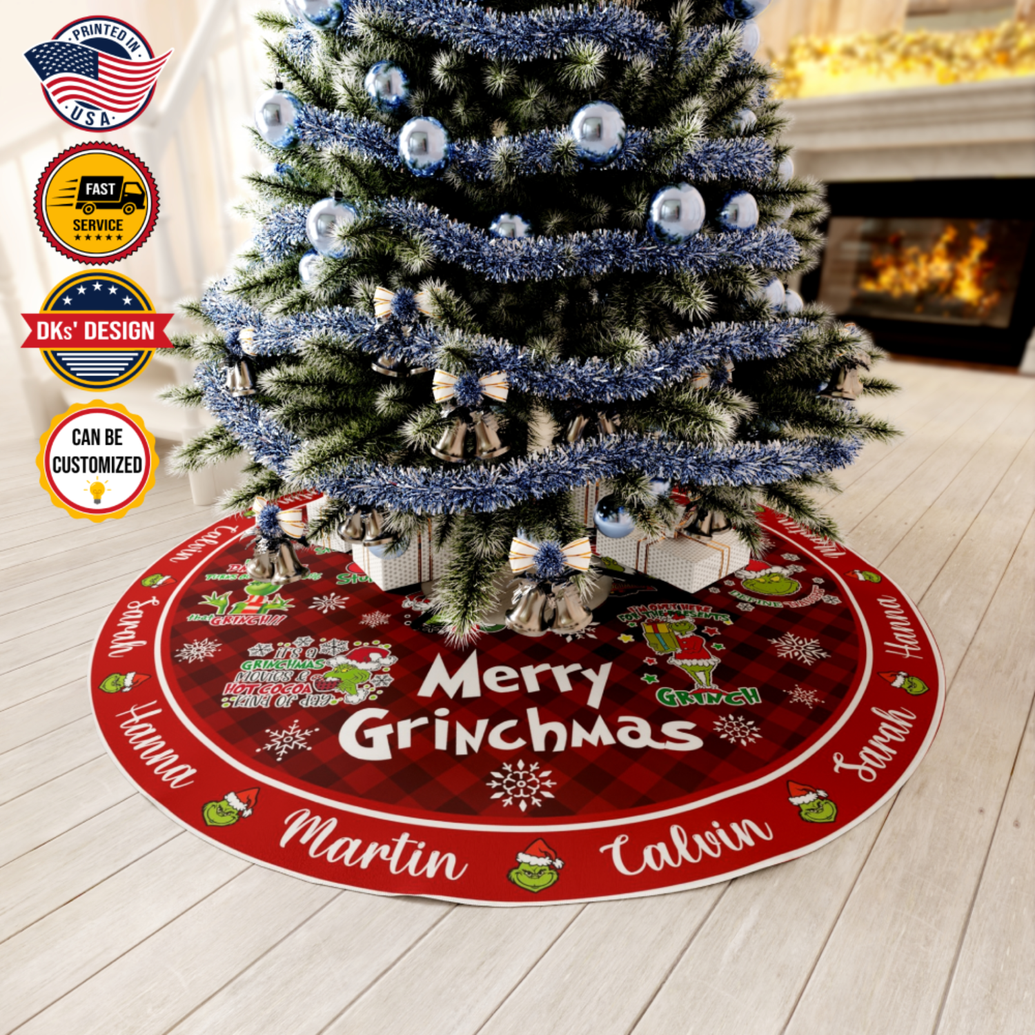 Personalized Name Christmas Tree Skirt, Merry Grinchmas Grinch Tree Skirt, 44″× 44″ Tree Skirt, Christmas Tree Decorations, Christmas Gifts