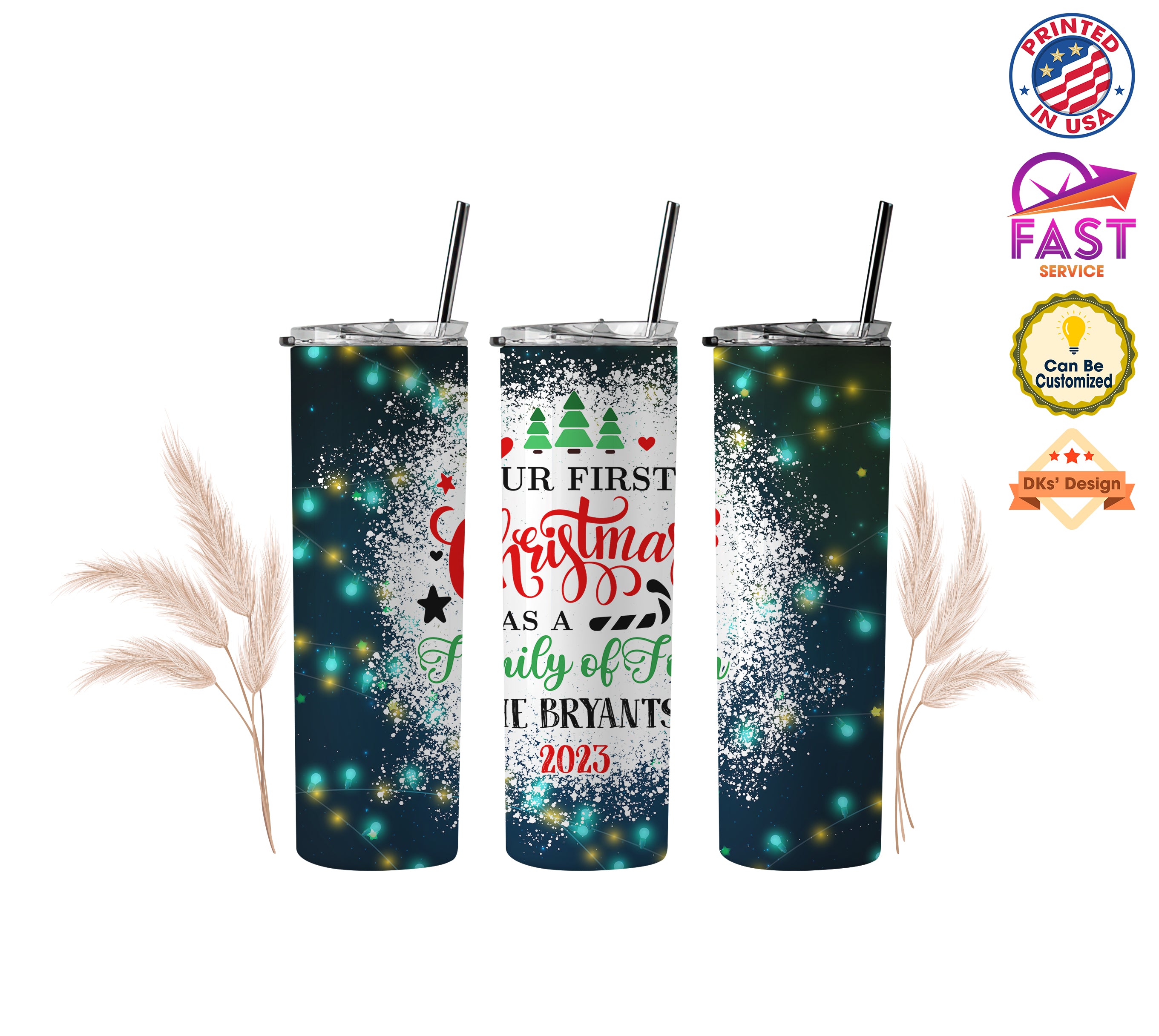 Personalized Name Christmas Tumbler | Our First Christmas Tumbler, 1st Christmas Tumbler, 20 oz Stainless Steel Skinny Tumblers with Straw