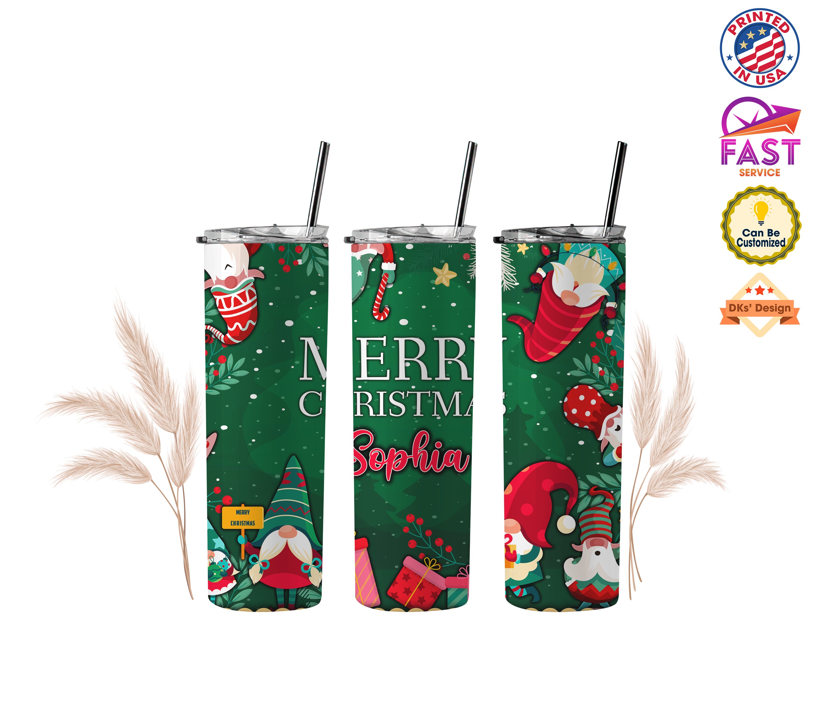 Personalized Custom Name Christmas Tumbler | Merry Christmas Happy Santa Gnome Tumbler, 20 oz Stainless Steel Skinny Tumblers with Straw