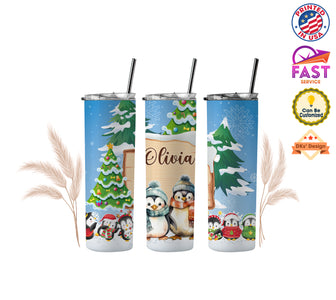 Personalized Custom Name Christmas Tumbler | Merry Christmas Penguin Family Tumbler, 20 oz Stainless Steel Skinny Tumblers with Straw