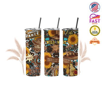 Personalized Cowboy Tumbler, Cowboy Party Wild West Western Life Tumbler, 20 oz Stainless Steel Skinny Tumblers with Straw