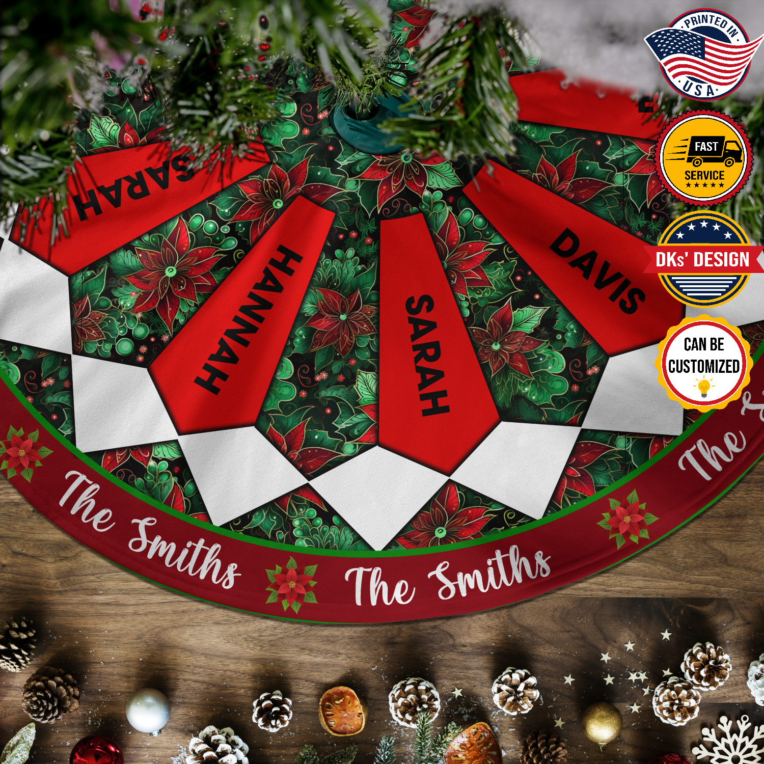 Personalized Name Christmas Tree Skirt, Family Names Tree Skirt, Christmas Tree Skirt 44″× 44″, Christmas Gift