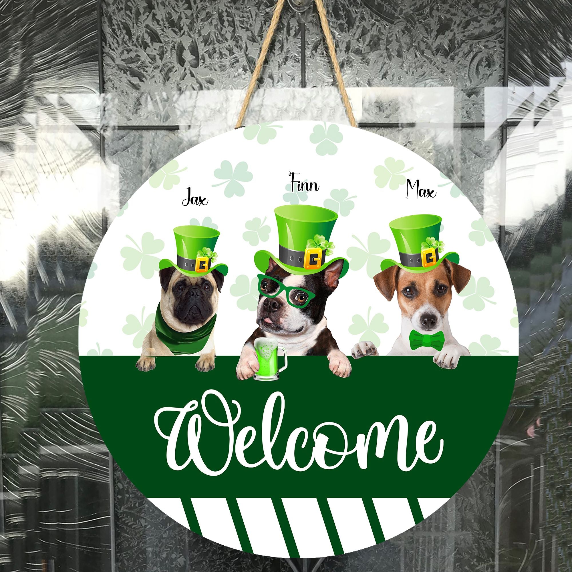 Personalized Pet Photo Door Hanger, "Welcome" St. Patrick's Day Dog Cat Round Wooden Sign