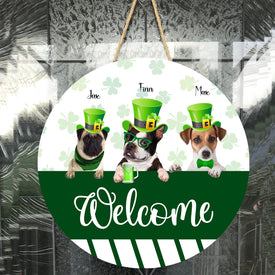 Personalized Pet Photo Door Hanger, "Welcome" St. Patrick's Day Dog Cat Round Wooden Sign