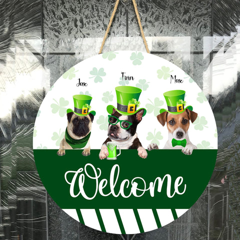 Image of Personalized Pet Photo Door Hanger, "Welcome" St. Patrick's Day Dog Cat Round Wooden Sign