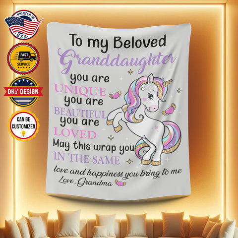 Image of USA Printed Custom Blanket, Unicorn To My Granddaughter Blanket, Personalize Blanket, Message Blanket, Unicorn Granddaughter Blanket, Unicorn Blanket For Girls, Girl Blanket, Baby Shower Gift Throw Blanket, Sherpa Blanket, Fleece Blanket