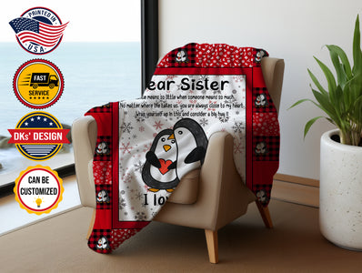 USA Printed Custom Blanket, Penguin To My Sister Blanket, Personalize Blanket, Message Blanket, Sister Blanket, Sister Penguin Blanket, Custom Name Blanket, Christmas Sister Gift Throw Blanket, Snowflake Sherpa Blanket, Fleece Blanket