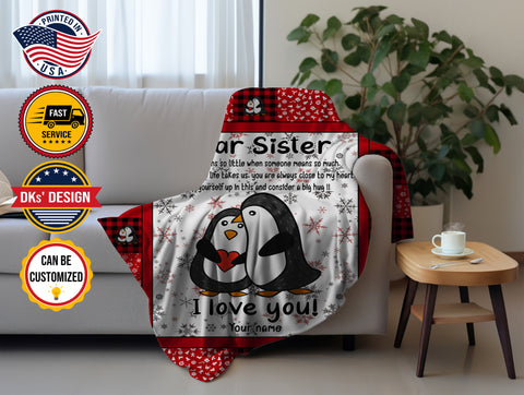 Image of Personalized Penguin Sister Blanket, Custom Name Blanket, To My Sister Blanket, Sister Penguin Snowfake Blanket, Message Blanket, Christmas Gift