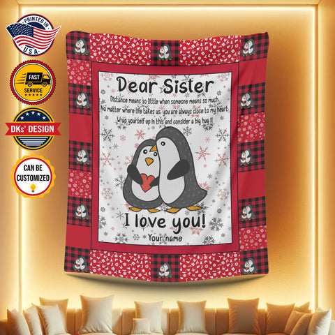 Image of Personalized Penguin Sister Blanket, Custom Name Blanket, To My Sister Blanket, Sister Penguin Snowfake Blanket, Message Blanket, Christmas Gift