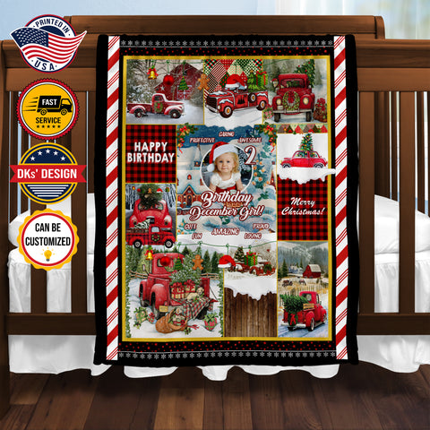 Image of Personalized 2ND Birthday Blanket, Custom December Girl Blanket, Red Truck Christmas Blanket, Baby Birthday Christmas Blanket, Christmas Gift