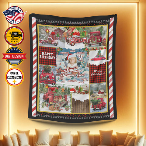 Image of Personalized 2ND Birthday Blanket, Custom December Girl Blanket, Red Truck Christmas Blanket, Baby Birthday Christmas Blanket, Christmas Gift