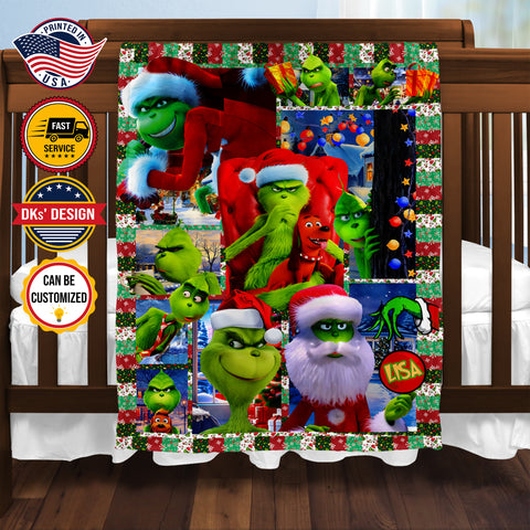Image of Personalized Christmas Grinch Blanket, Custom Baby Grinch Face Blanket, Grinchmas Blanket, Christmas Baby Blanket, Christmas Gifts