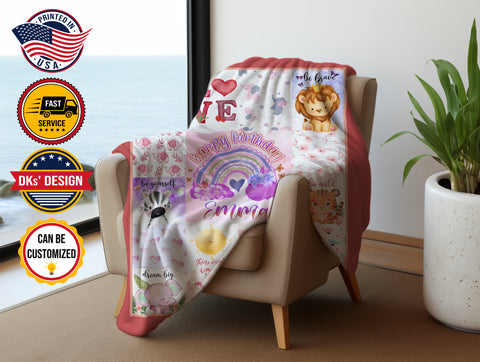 Image of Personalized Birthday Baby Blanket, Custom Rainbow Girl Blanket, Safari Animals Baby Blanket, Baby Birthday Blanket, Birthday Gift